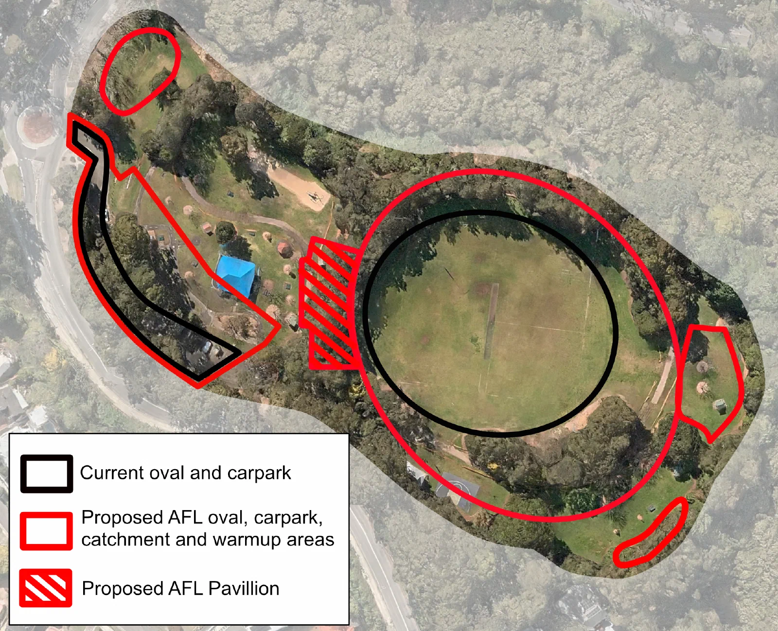 Aerial map of Buffalo Creek Reserve. The current oval and carpark are outlined in black; the much larger proposed AFL oval, carpark, catchment and warm-up areas are outlined in red, with the proposed AFL pavilion hatched in red between the oval and the playground.
