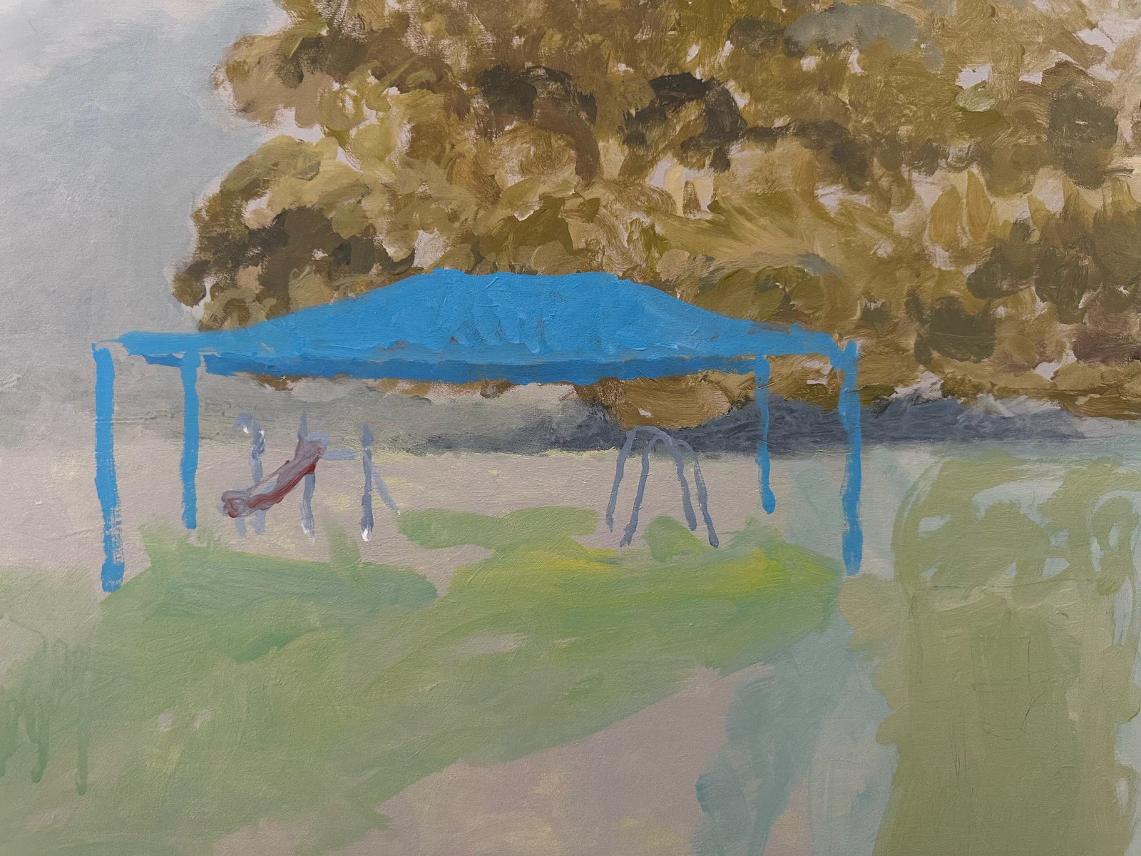 Painting of the playground at Buffalo Creek Reserve: a blue shade sail over swings and a slide, beneath a large tree, with open grass in front.